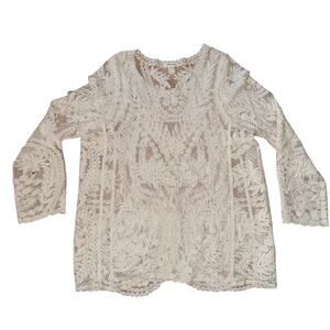 Ultra Pink Sheer Lace Crochet Top Cream Size M 90's Y2K Festival Boho Cottage